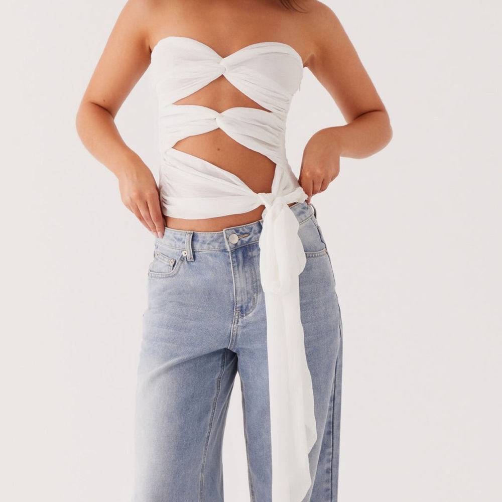 Peppermayo White Twist Tie Front Strapless Top